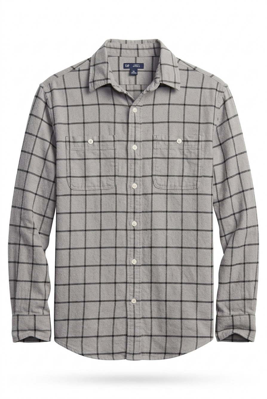 Gap Mens Flannel Shirt Small Gray Windowpane Plaid Long Sleeve Standard Fit